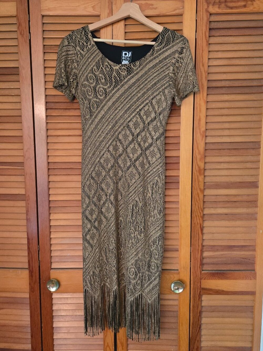Lurex Gold Black Fringe Midi Dress Flapper Style Sz M